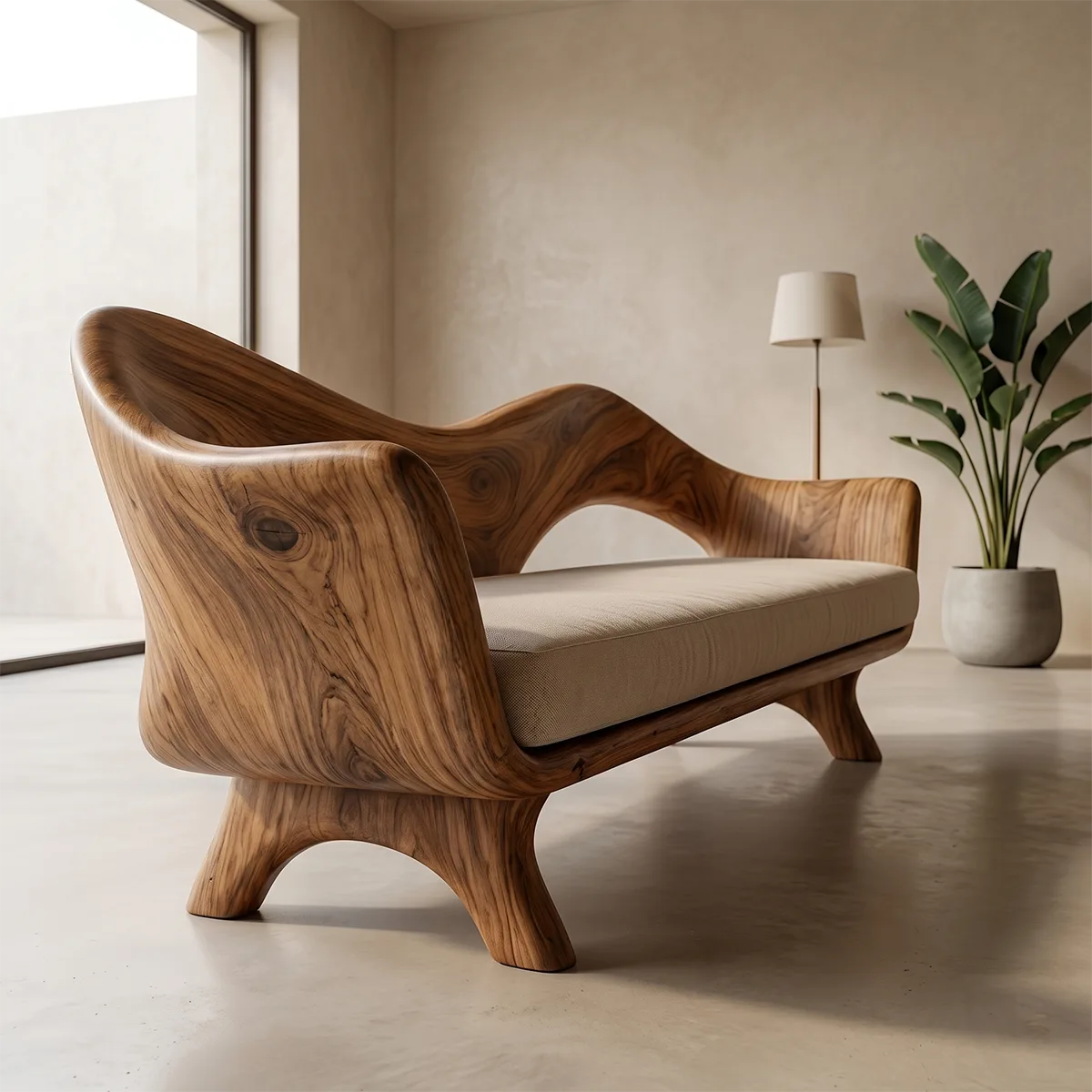 Luxury Sculptural Outdoor Wooden Sofa with Organic Modern Curved Design