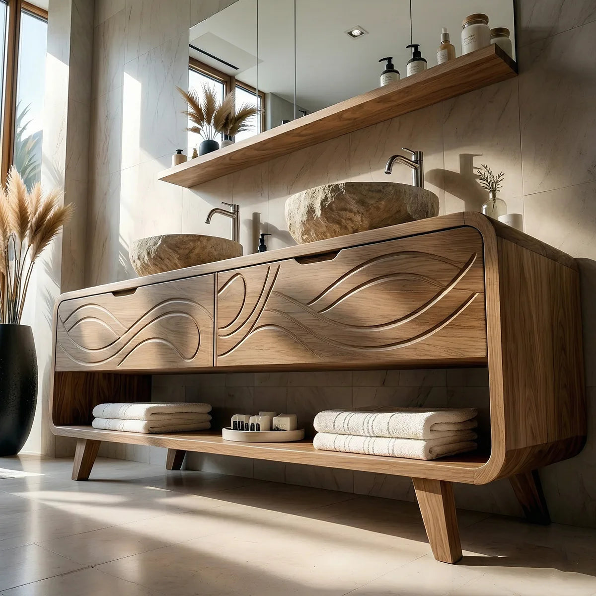 Solid Wood Bathroom Vanity with Carved Wave Drawers and Open Shelf