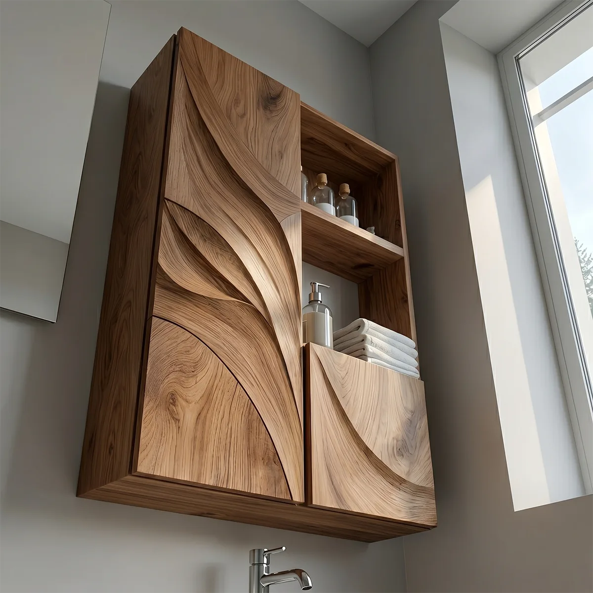 Handcrafted Solid Wood Bathroom Wall Cabinet with Open Shelves