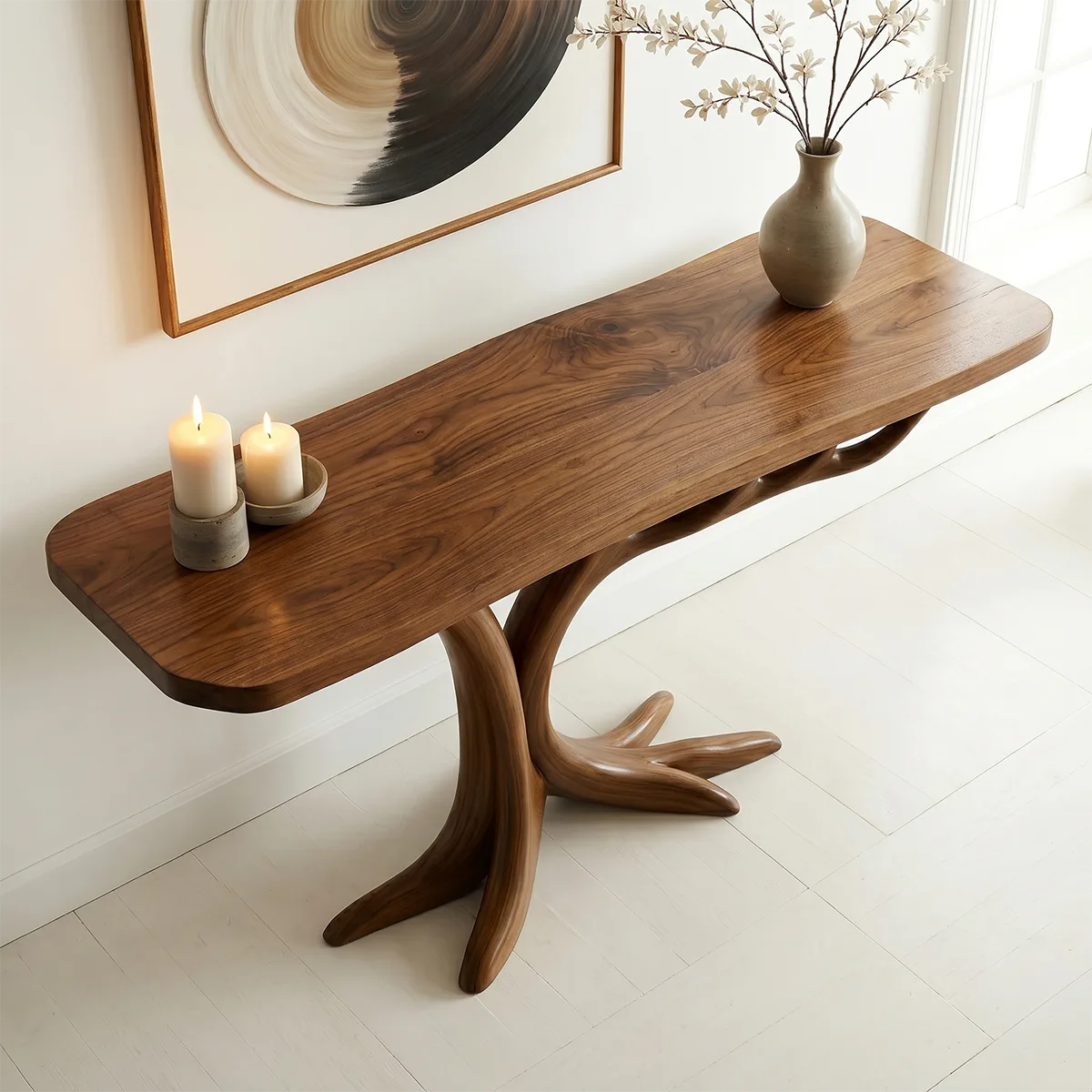Sculptural Solid Wood Console Table for Entryway & Hallway