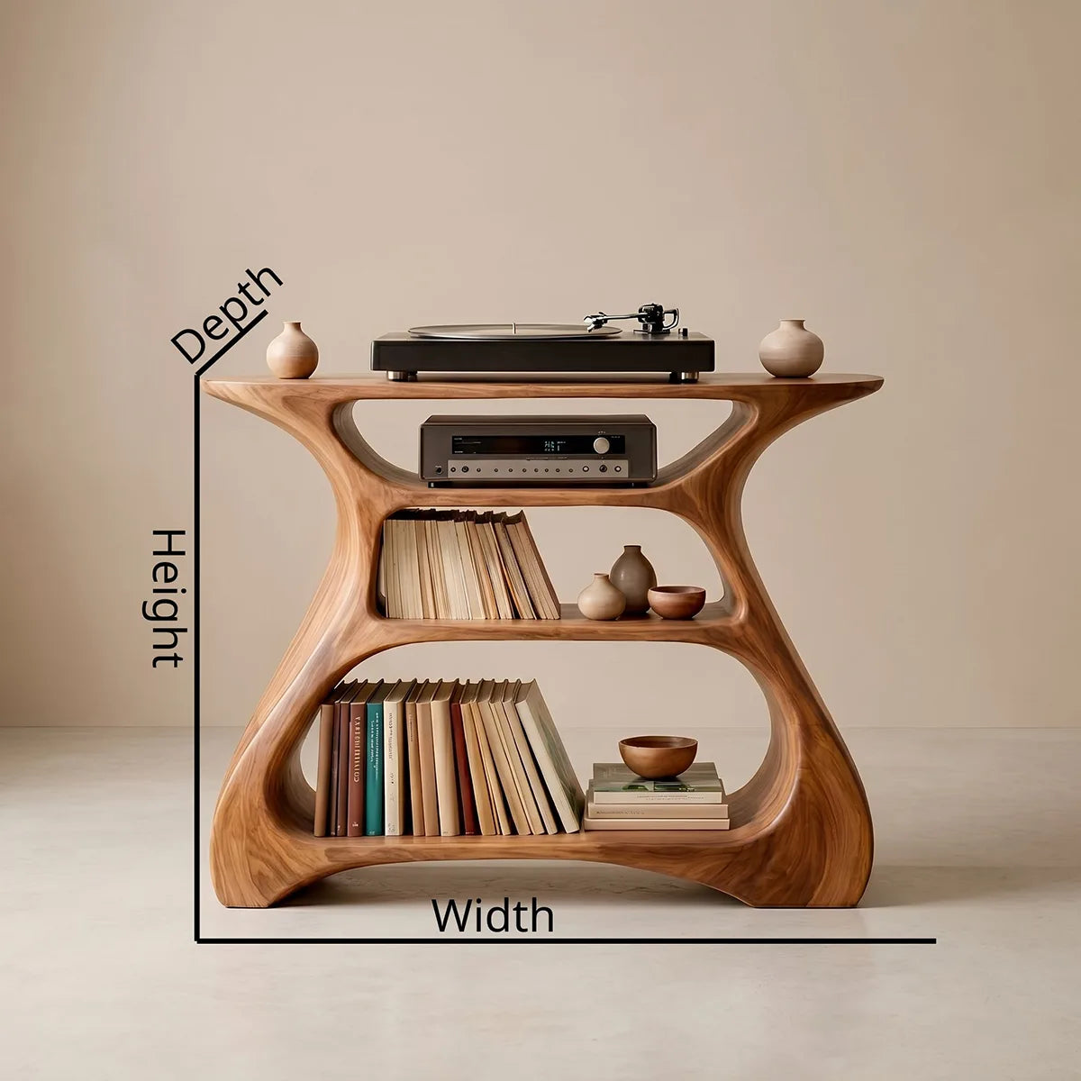 Solid Wood Record Player Stand, Modern Curved Vinyl Storage Console with Open Shelves