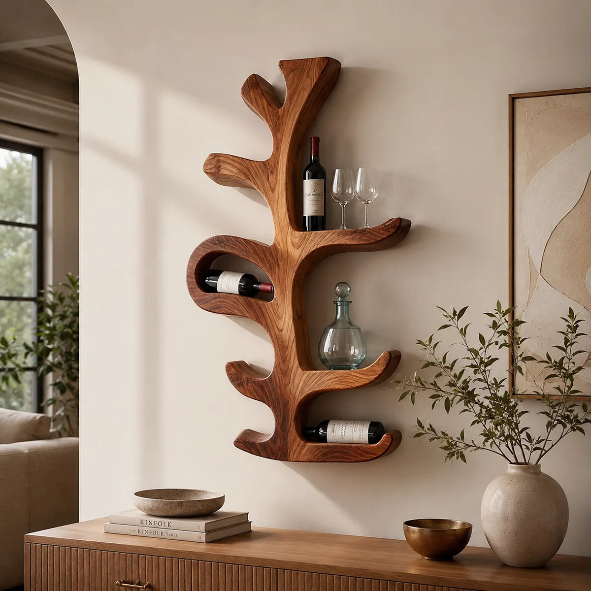 Sculptural Tree Solid Wood Wall Wine Holder for Dining Rooms & Wine Lovers TT006-6823