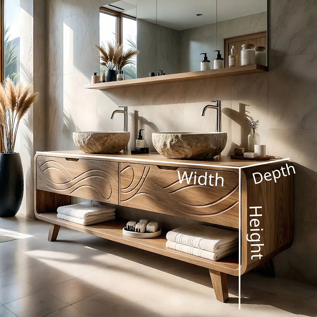 Solid Wood Bathroom Vanity with Carved Wave Drawers and Open Shelf