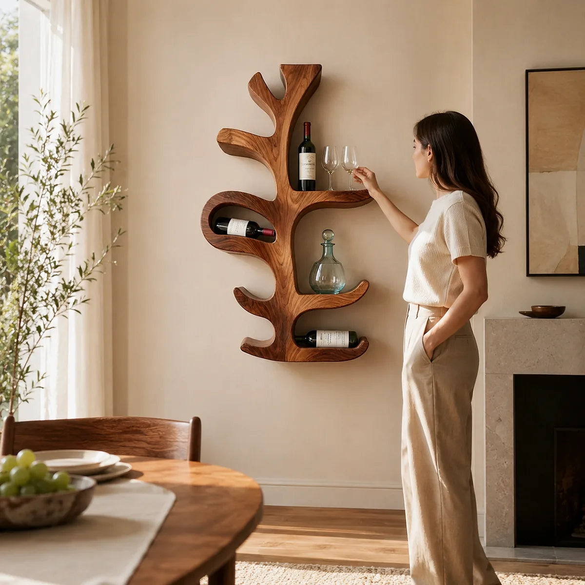 Sculptural Tree Solid Wood Wall Wine Holder for Dining Rooms & Wine Lovers TT006-6823