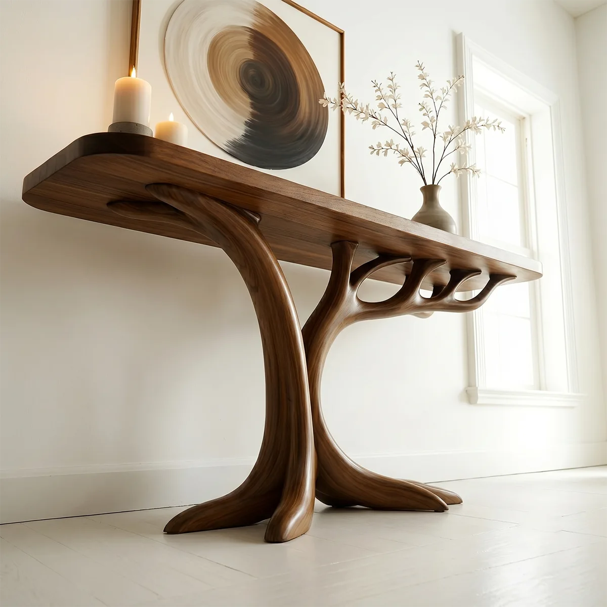 Sculptural Solid Wood Console Table for Entryway & Hallway