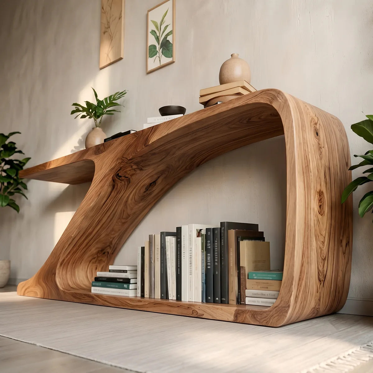 Sculptural Curved Wood Console Table |  Open Shelf Entryway Table HL020-2PQH3QX