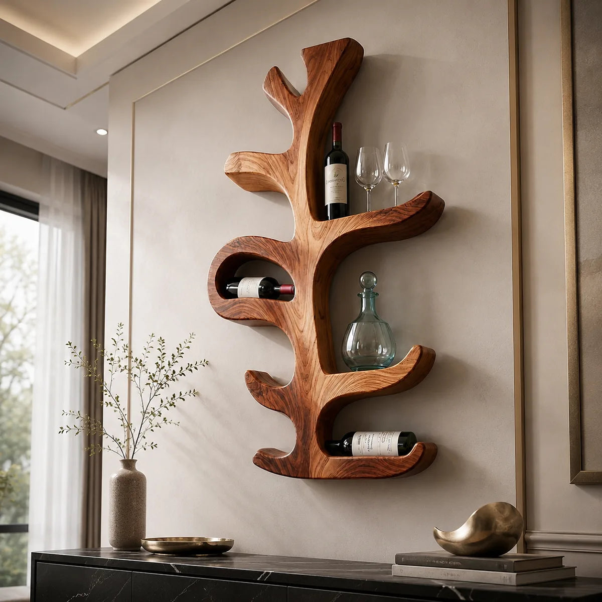 Sculptural Tree Solid Wood Wall Wine Holder for Dining Rooms & Wine Lovers TT006-6823