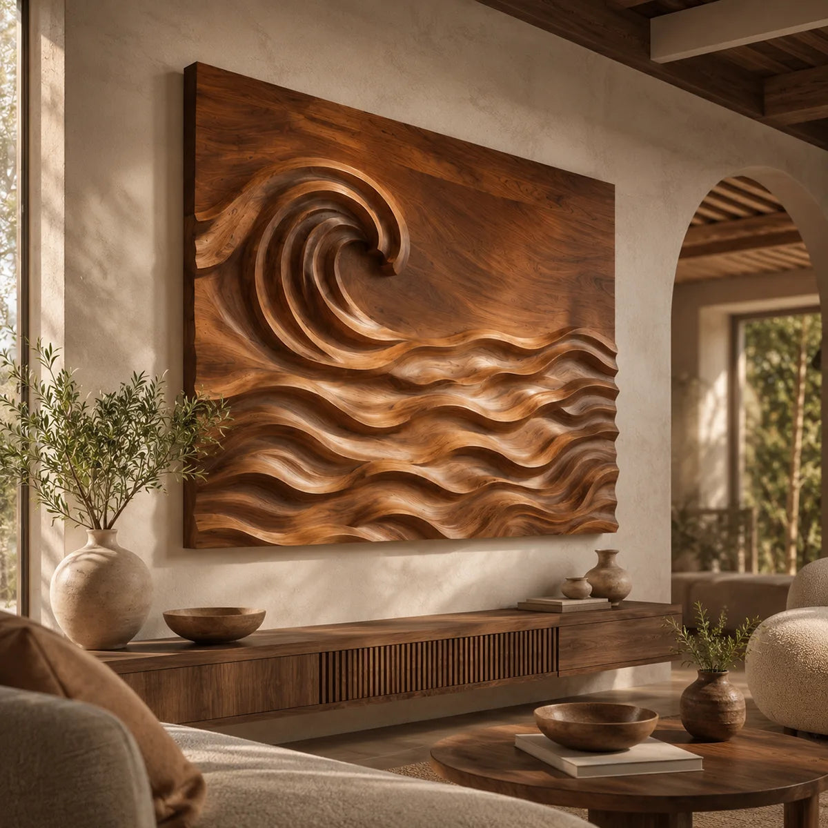 Abstract Wooden Ocean Wave Wall Art | Large Hand Carved Coastal Wood Sculpture TT006-2426