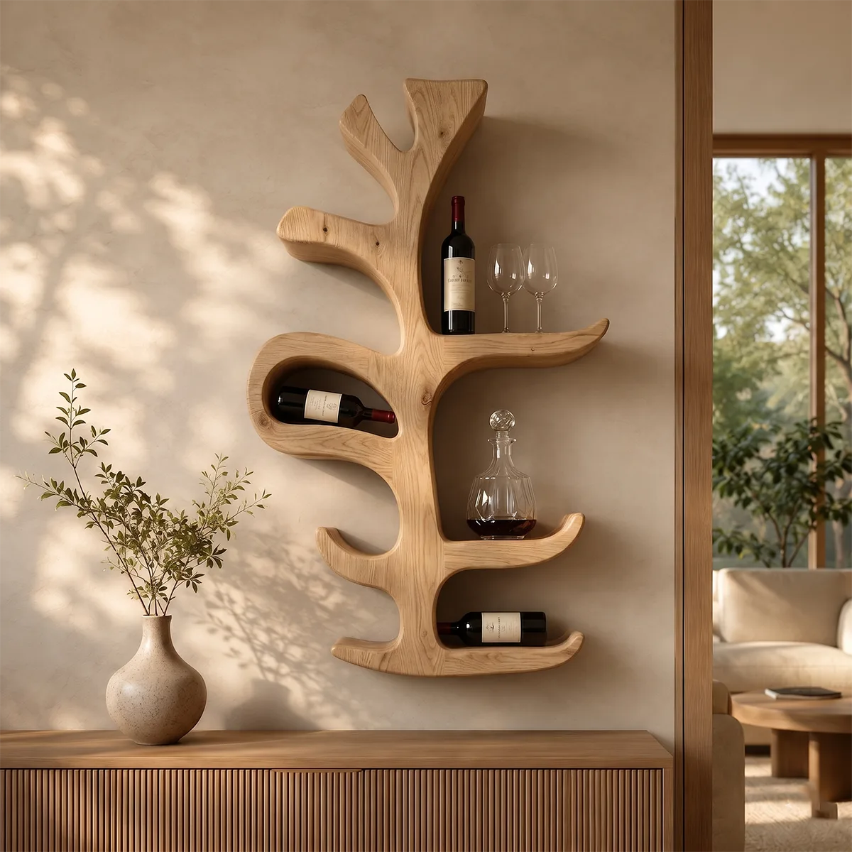 Sculptural Tree Solid Wood Wall Wine Holder for Dining Rooms & Wine Lovers TT006-6823