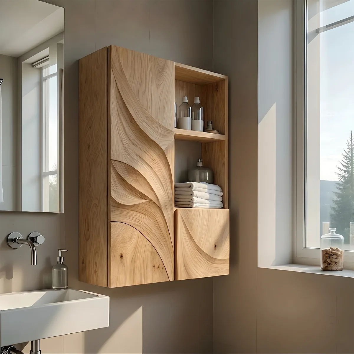 Handcrafted Solid Wood Bathroom Wall Cabinet with Open Shelves