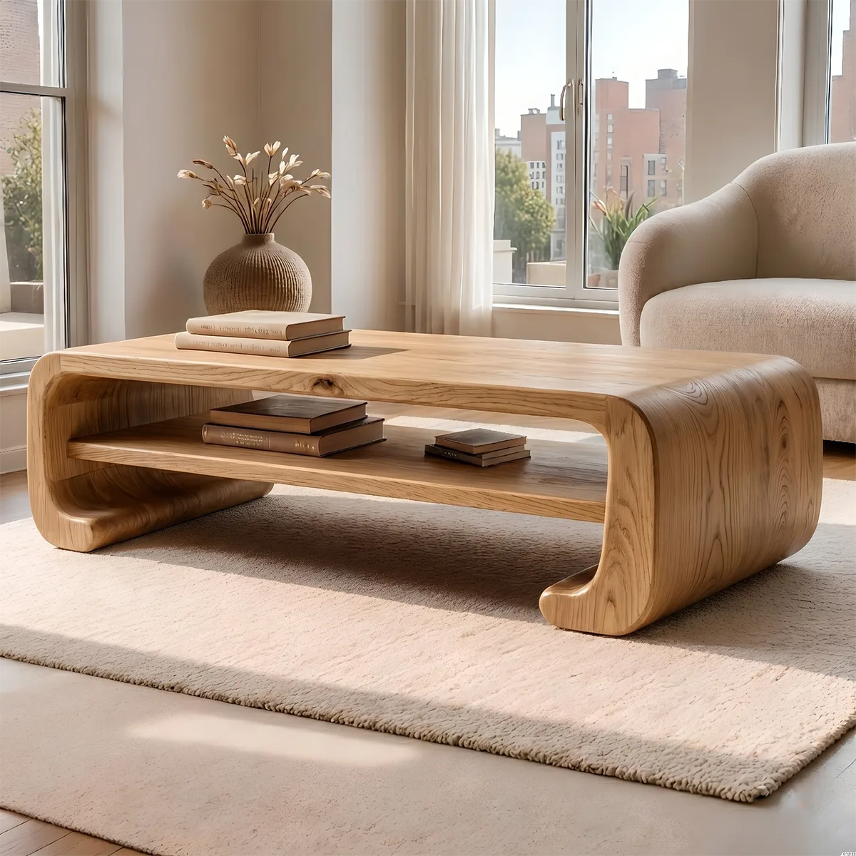 Handcrafted Solid Wood Coffee Table with Continuous Curved Silhouette