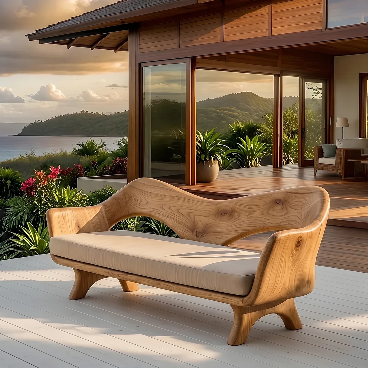 Luxury Sculptural Outdoor Wooden Sofa with Organic Modern Curved Design