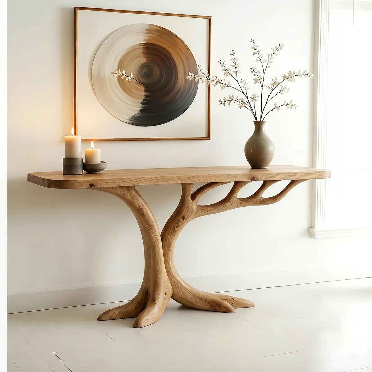 Sculptural Solid Wood Console Table for Entryway & Hallway