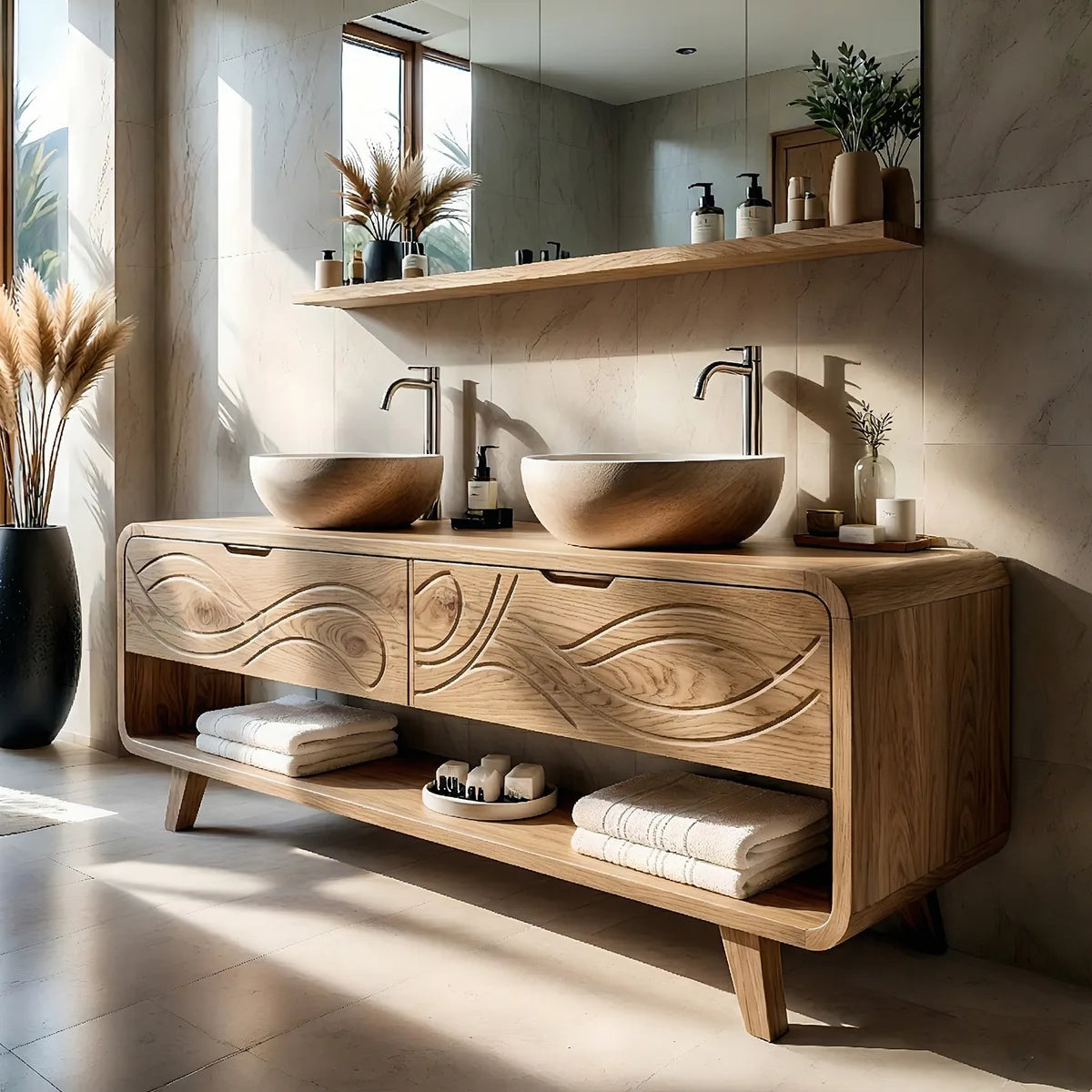 Solid Wood Bathroom Vanity with Carved Wave Drawers and Open Shelf