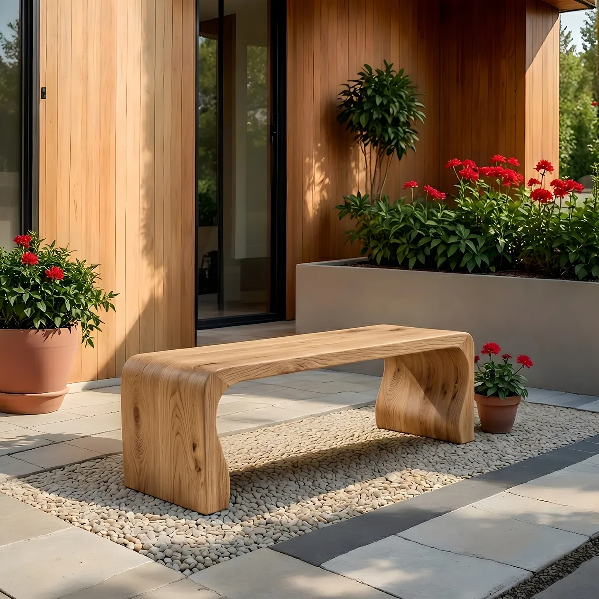 Handcrafted Solid Wood Outdoor Bench Soft Curve Minimalist Garden Bench