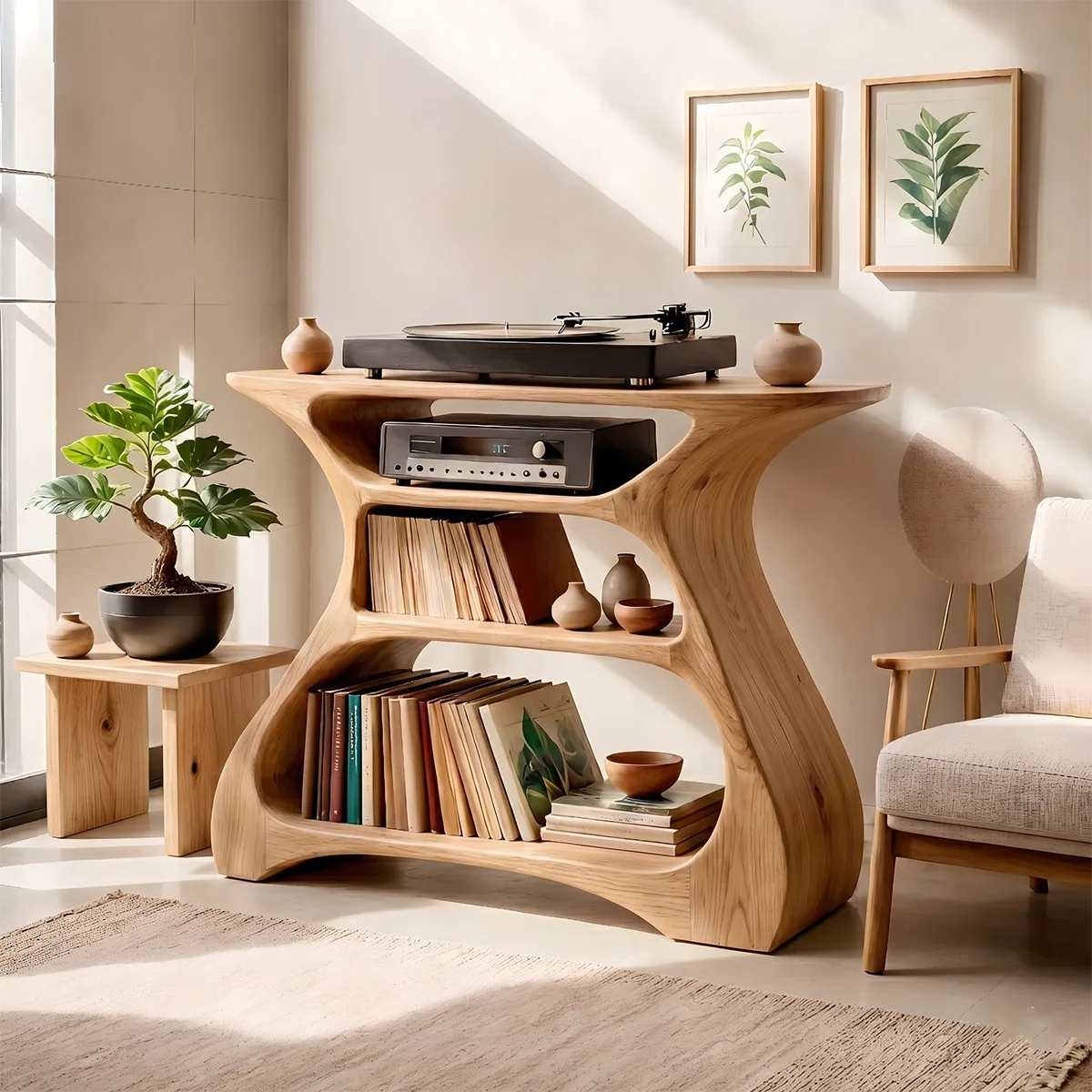 Solid Wood Record Player Stand, Modern Curved Vinyl Storage Console with Open Shelves