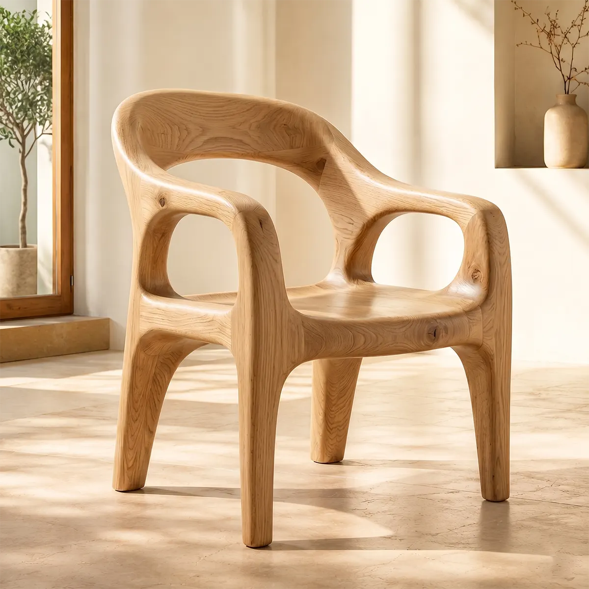 Organic Modern Solid Wood Dining Chair, Sculptural Wooden Arm Chair TT006-6176
