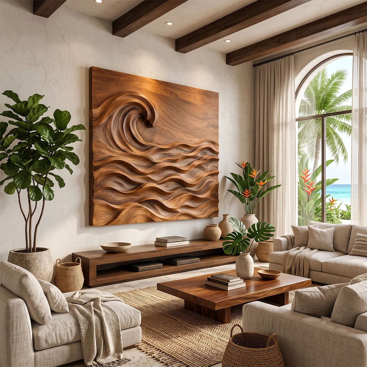 Abstract Wooden Ocean Wave Wall Art | Large Hand Carved Coastal Wood Sculpture TT006-2426