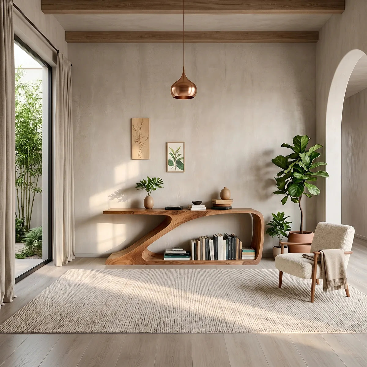 Sculptural Curved Wood Console Table |  Open Shelf Entryway Table HL020-2PQH3QX