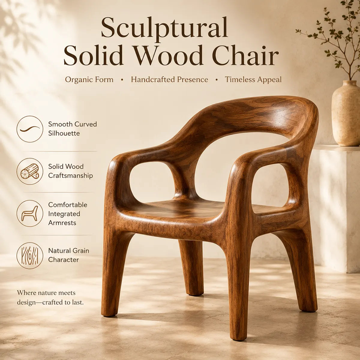 Organic Modern Solid Wood Dining Chair, Sculptural Wooden Arm Chair TT006-6176