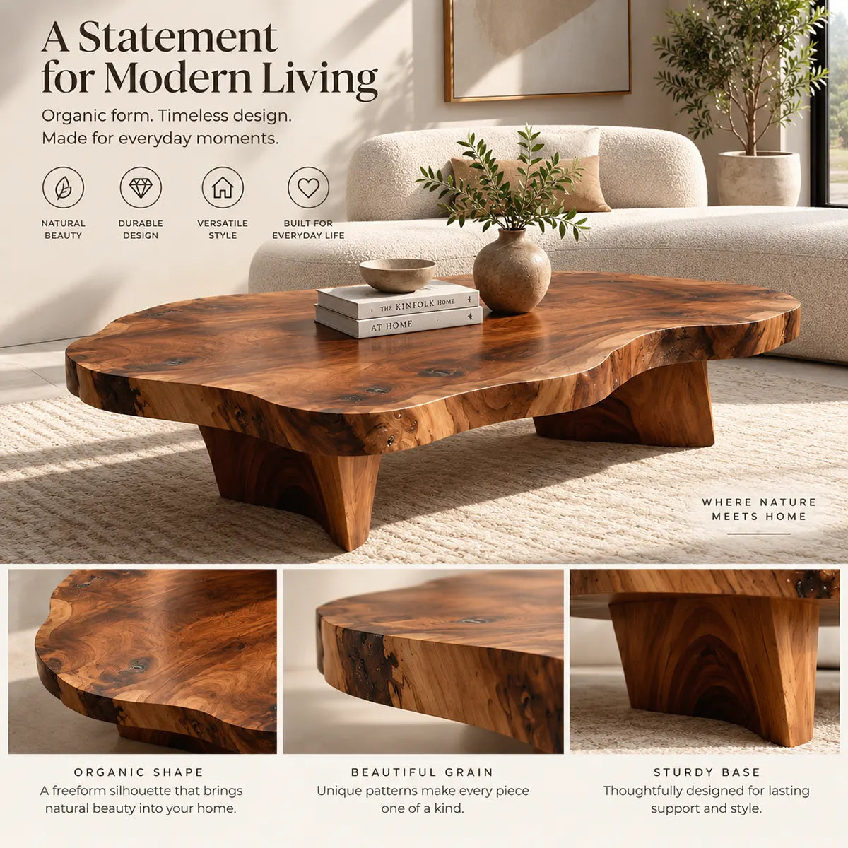 Organic Solid Wood Coffee Table | Freeform Modern Hardwood Coffee Table for Living Room TT006-2987
