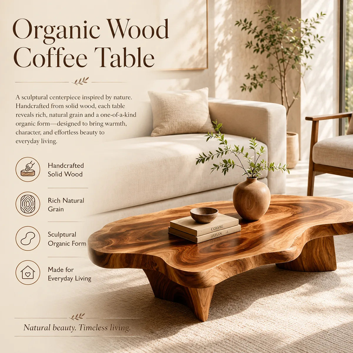 Organic Solid Wood Coffee Table | Freeform Modern Hardwood Coffee Table for Living Room TT006-2987