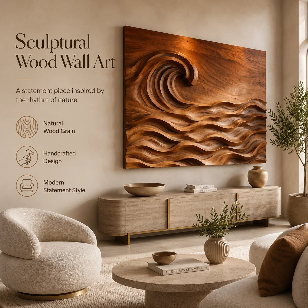 Abstract Wooden Ocean Wave Wall Art | Large Hand Carved Coastal Wood Sculpture TT006-2426