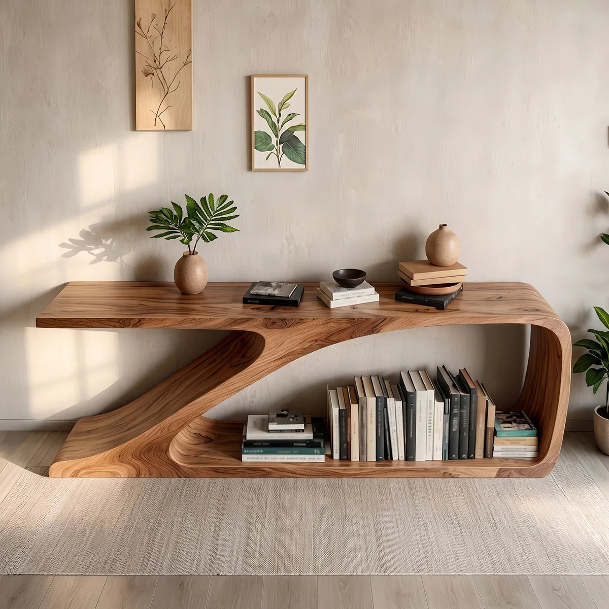 Sculptural Curved Wood Console Table |  Open Shelf Entryway Table HL020-2PQH3QX
