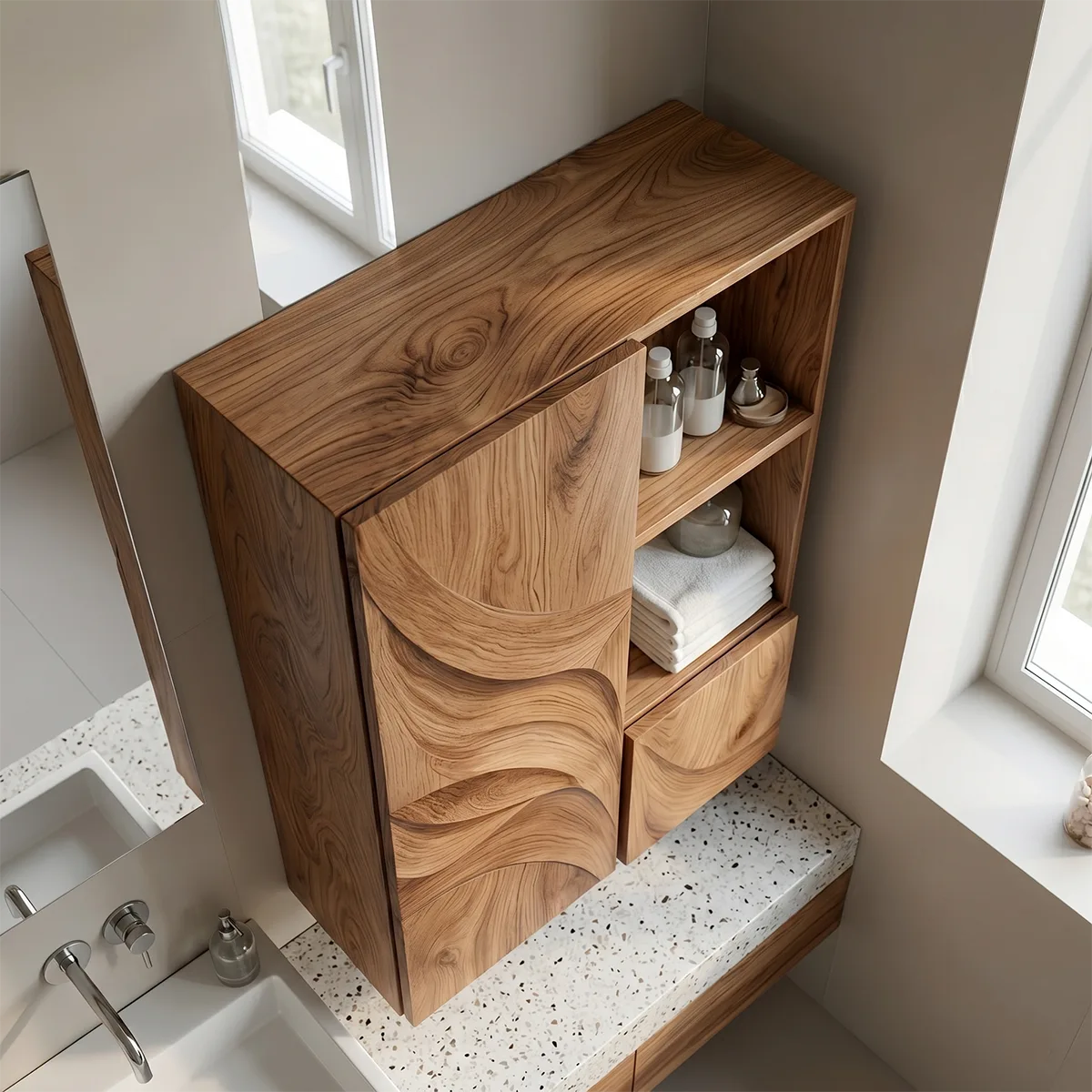Handcrafted Solid Wood Bathroom Wall Cabinet with Open Shelves