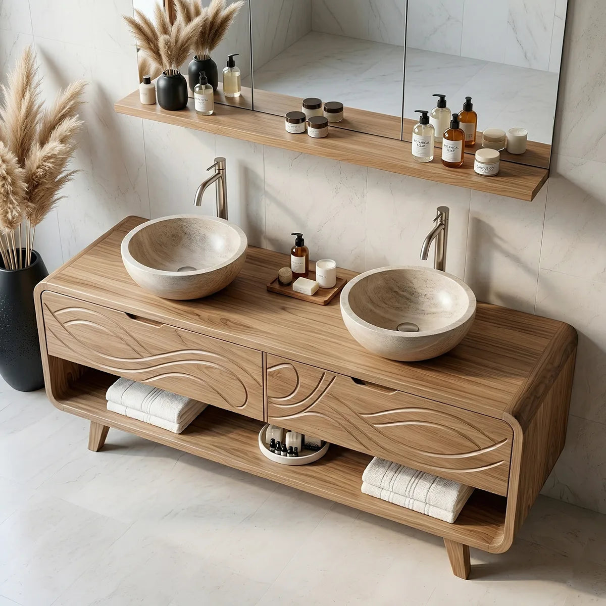 Solid Wood Bathroom Vanity with Carved Wave Drawers and Open Shelf