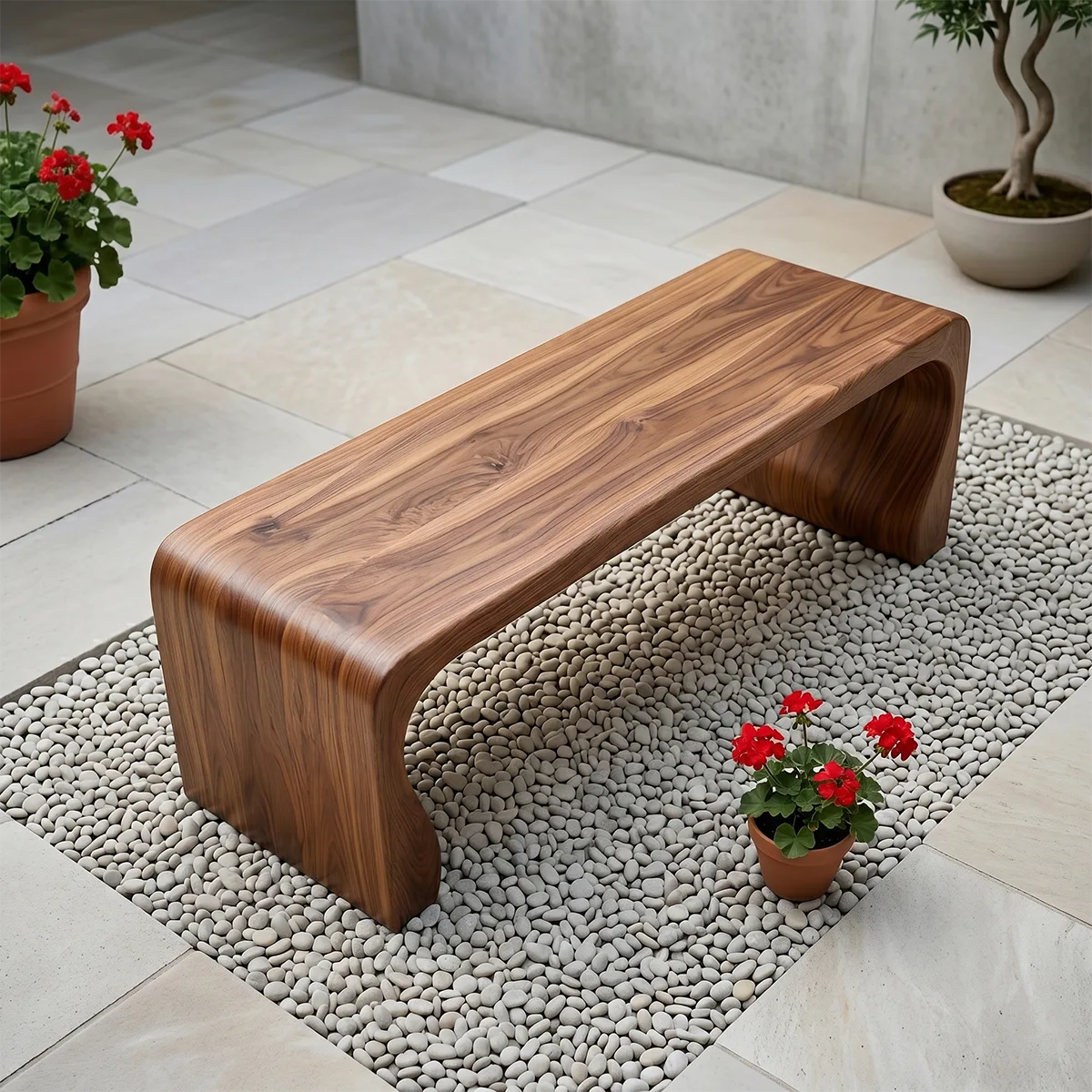 Handcrafted Solid Wood Outdoor Bench Soft Curve Minimalist Garden Bench