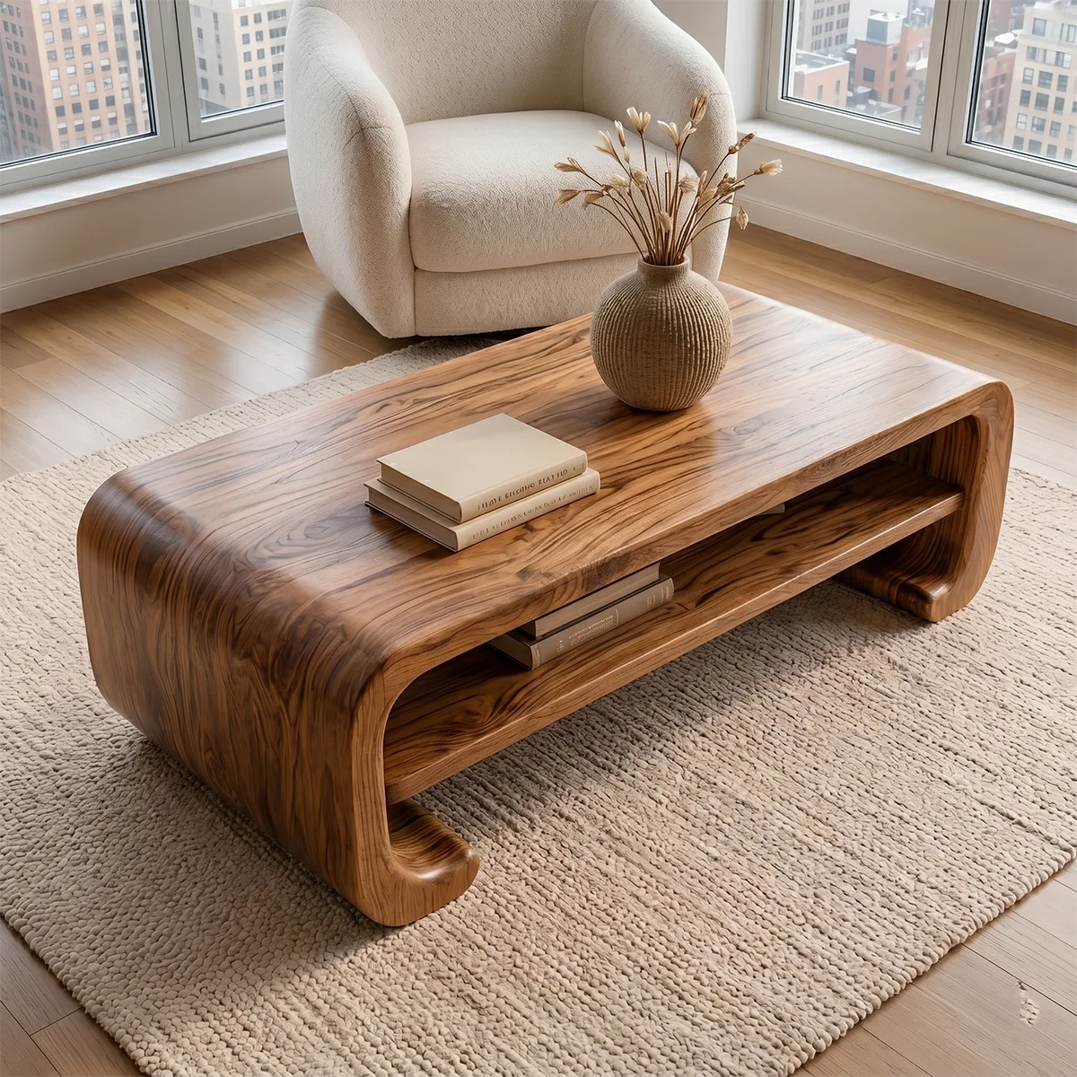 Handcrafted Solid Wood Coffee Table with Continuous Curved Silhouette