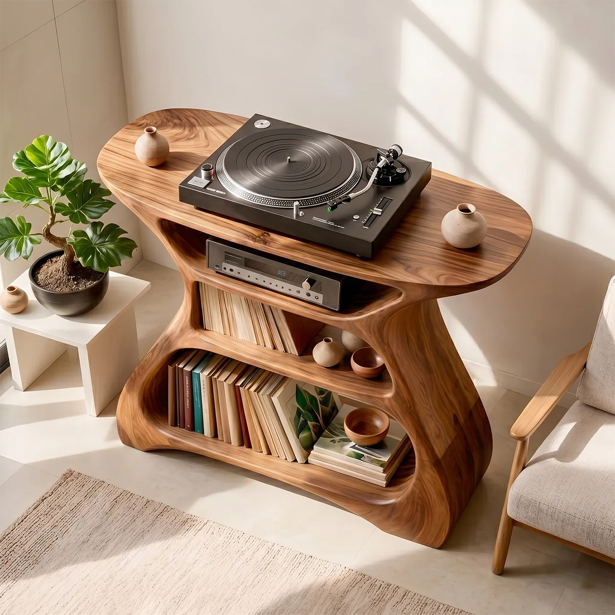 Solid Wood Record Player Stand, Modern Curved Vinyl Storage Console with Open Shelves