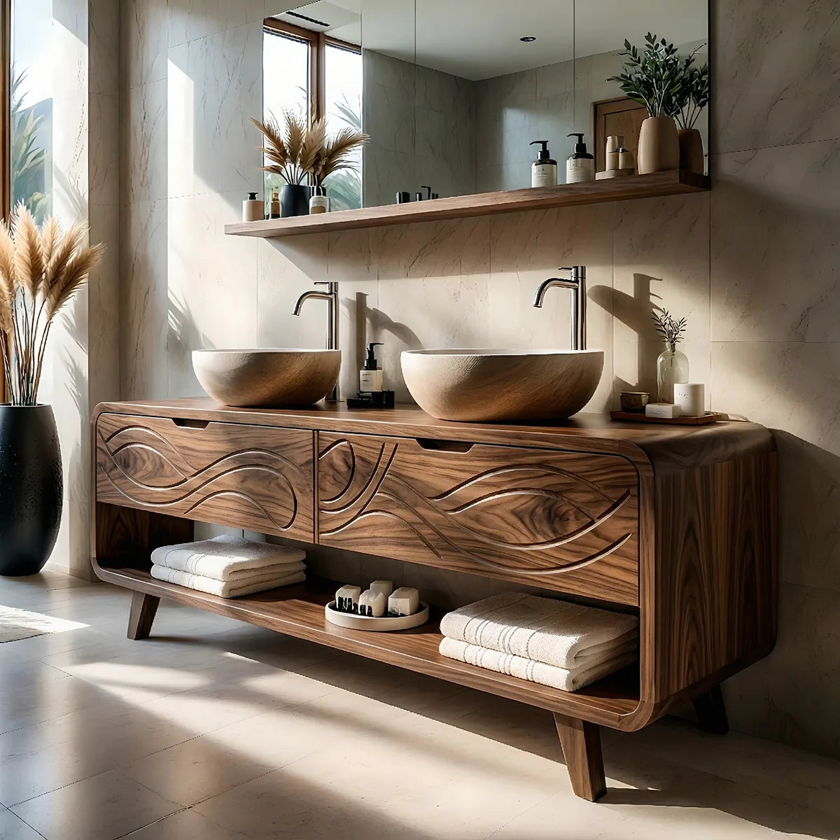 Solid Wood Bathroom Vanity with Carved Wave Drawers and Open Shelf