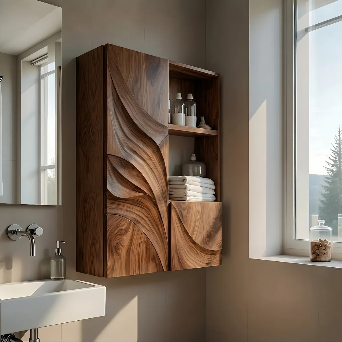 Handcrafted Solid Wood Bathroom Wall Cabinet with Open Shelves