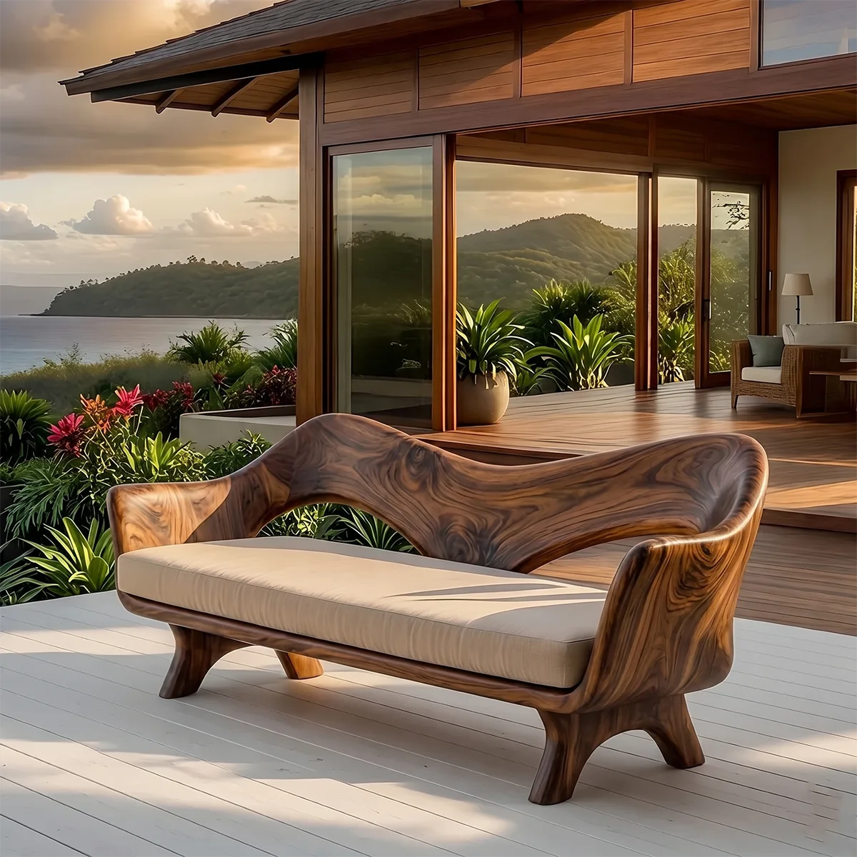 Luxury Sculptural Outdoor Wooden Sofa with Organic Modern Curved Design