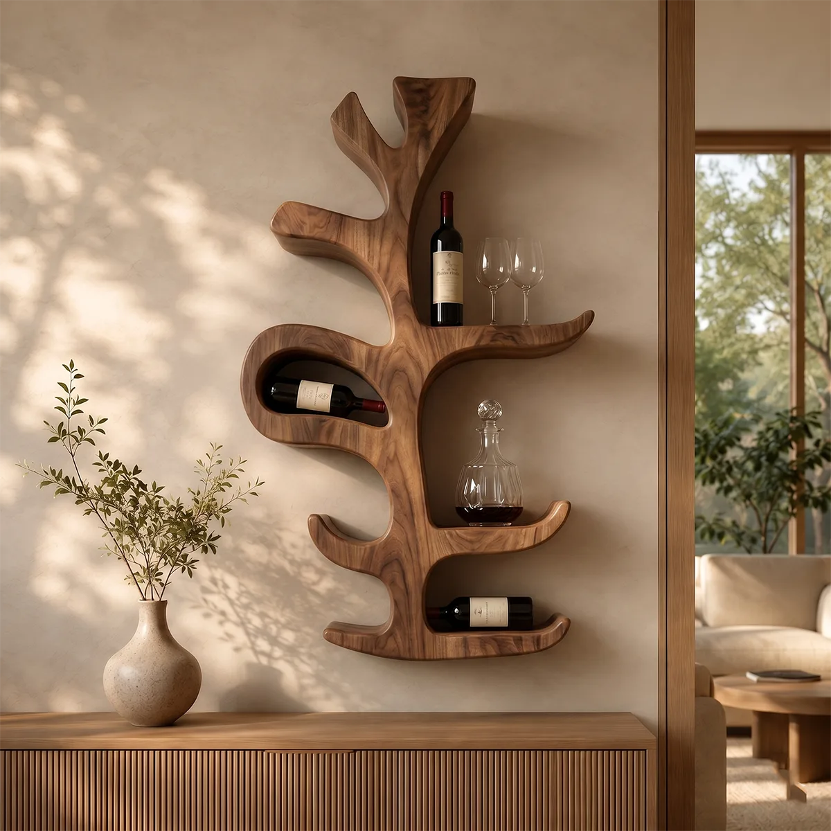 Sculptural Tree Solid Wood Wall Wine Holder for Dining Rooms & Wine Lovers TT006-6823