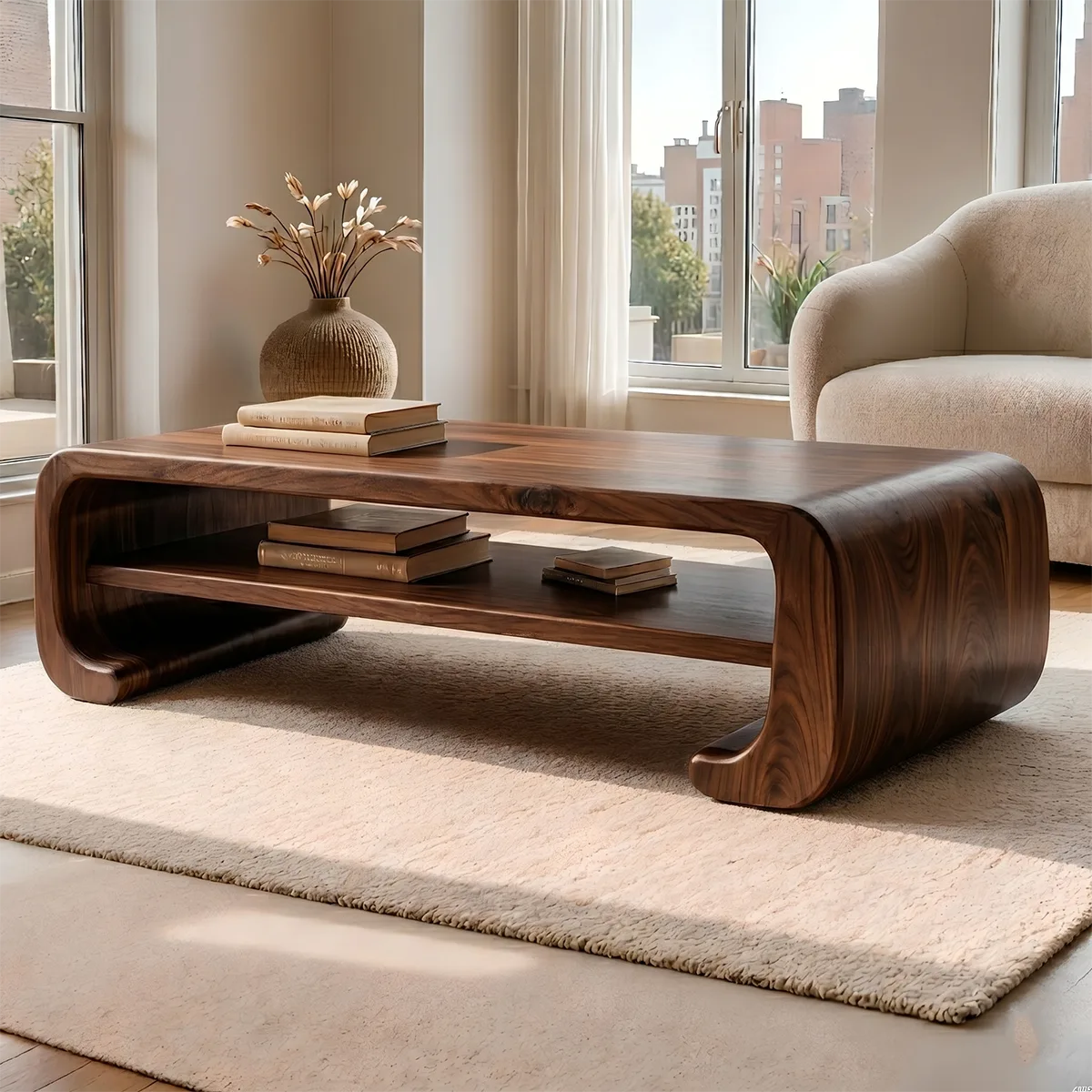 Handcrafted Solid Wood Coffee Table with Continuous Curved Silhouette