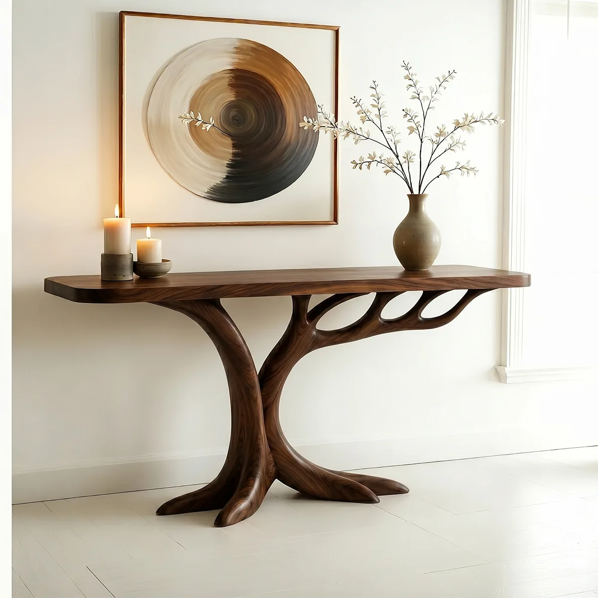Sculptural Solid Wood Console Table for Entryway & Hallway