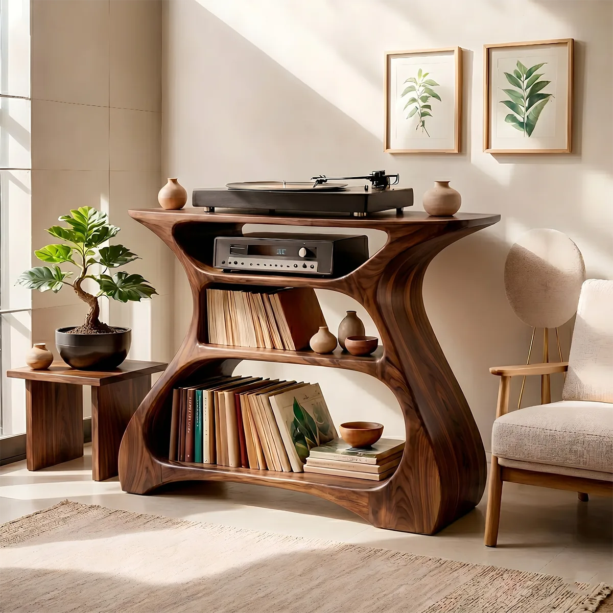 Solid Wood Record Player Stand, Modern Curved Vinyl Storage Console with Open Shelves
