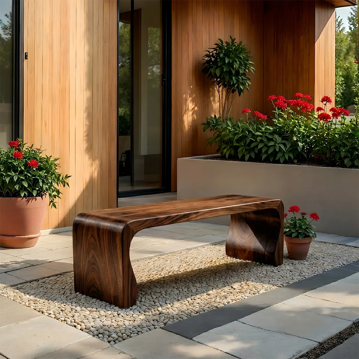 Handcrafted Solid Wood Outdoor Bench Soft Curve Minimalist Garden Bench