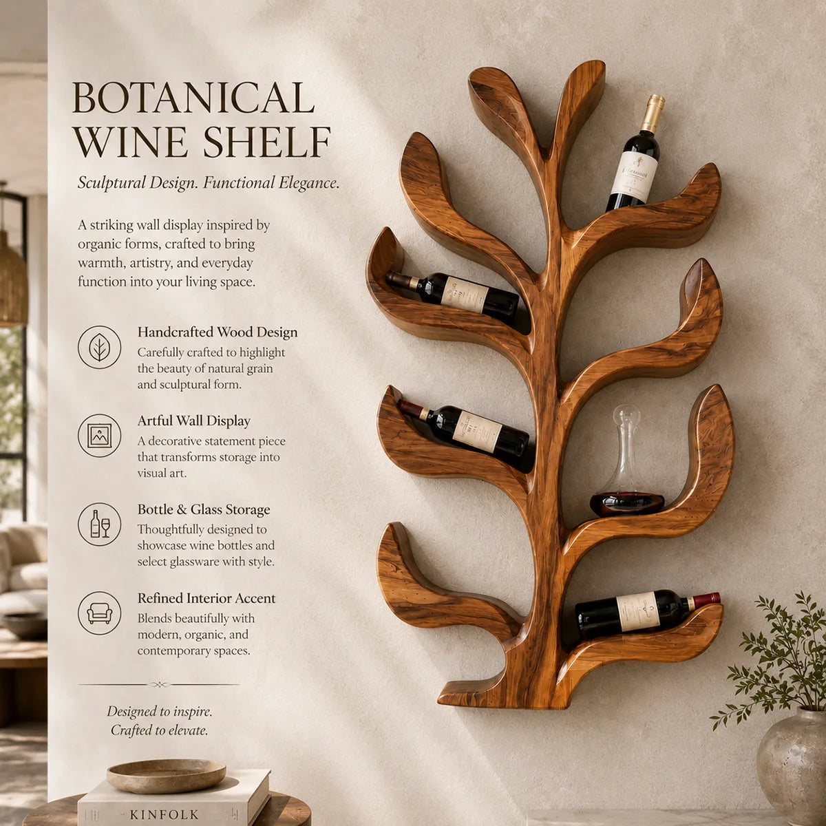 Sculptural Solid Wood Tree Wine Rack for Modern Homes & Wine Lovers TT006-8934