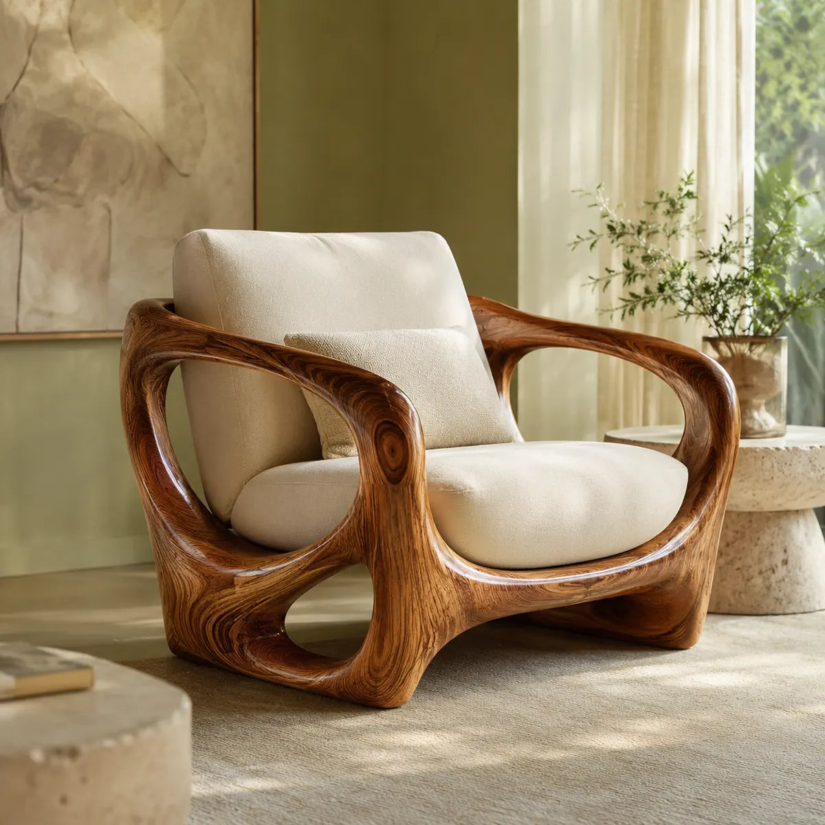 Organic Modern Solid Wood Lounge Chair | Sculptural Wooden Accent Chair for Luxury Living Room TT006-5278