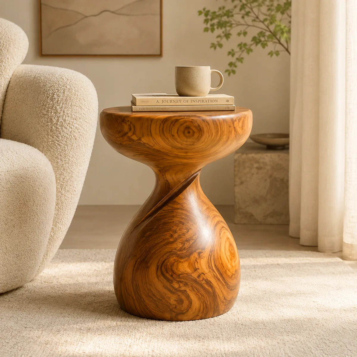 Sculptural Twist Wood End Table | Round Curved Pedestal Side Table TT006-4LXI5HY