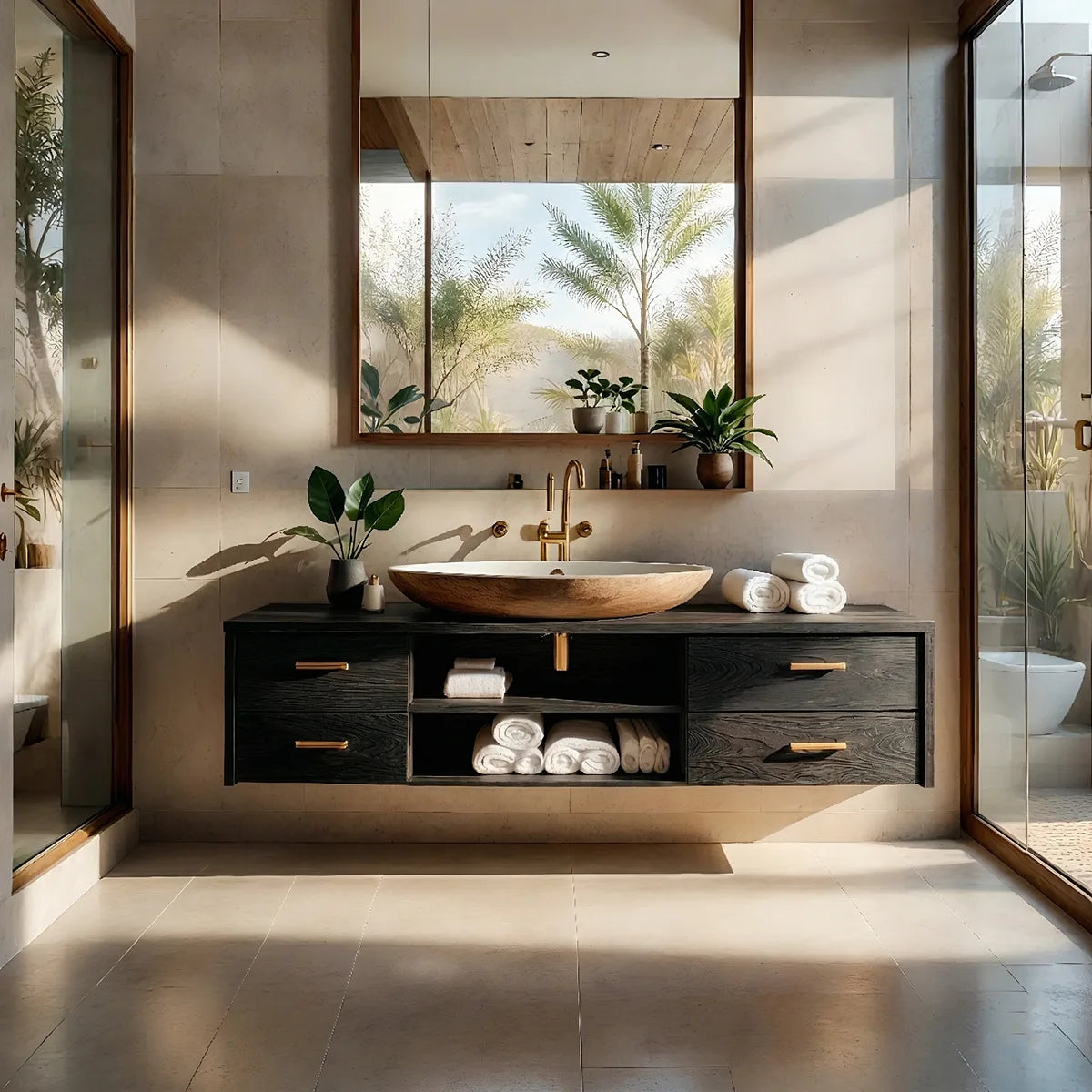 Floating Solid Wood Bathroom Vanity with 4 Drawers and Open Center Shelves
