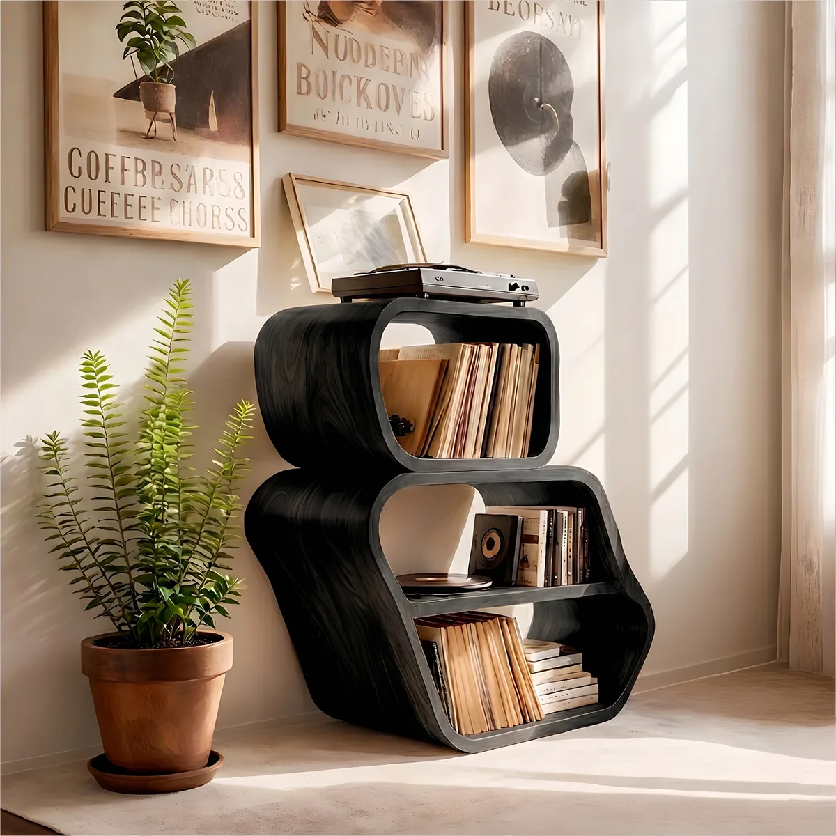 Luxury Solid Wood Curved Bookshelf, Modern Record Storage Cabinet