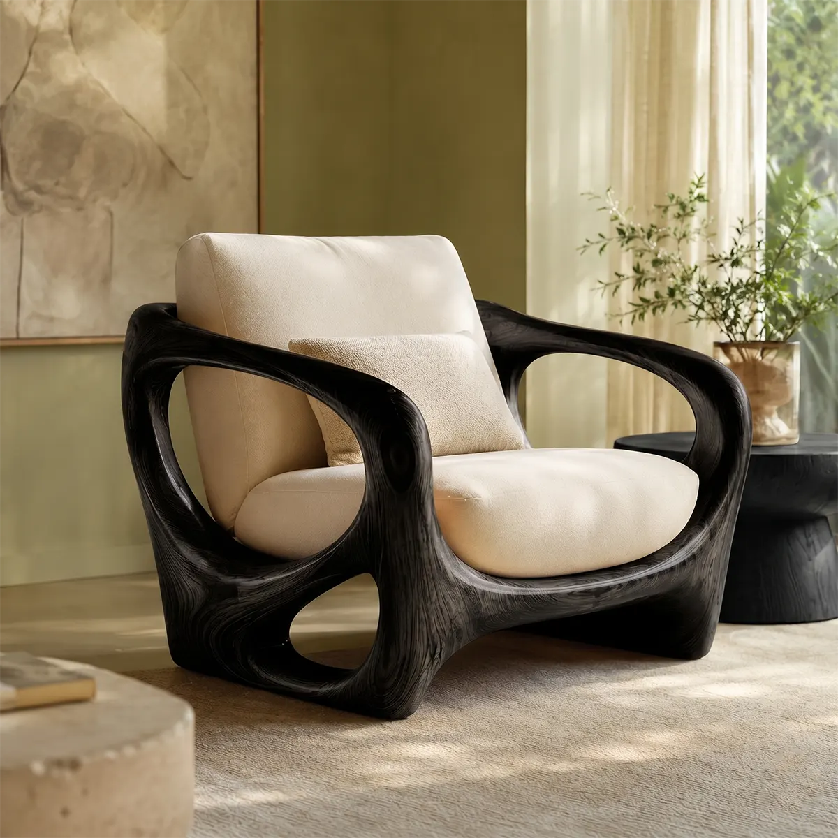 Organic Modern Solid Wood Lounge Chair | Sculptural Wooden Accent Chair for Luxury Living Room TT006-5278