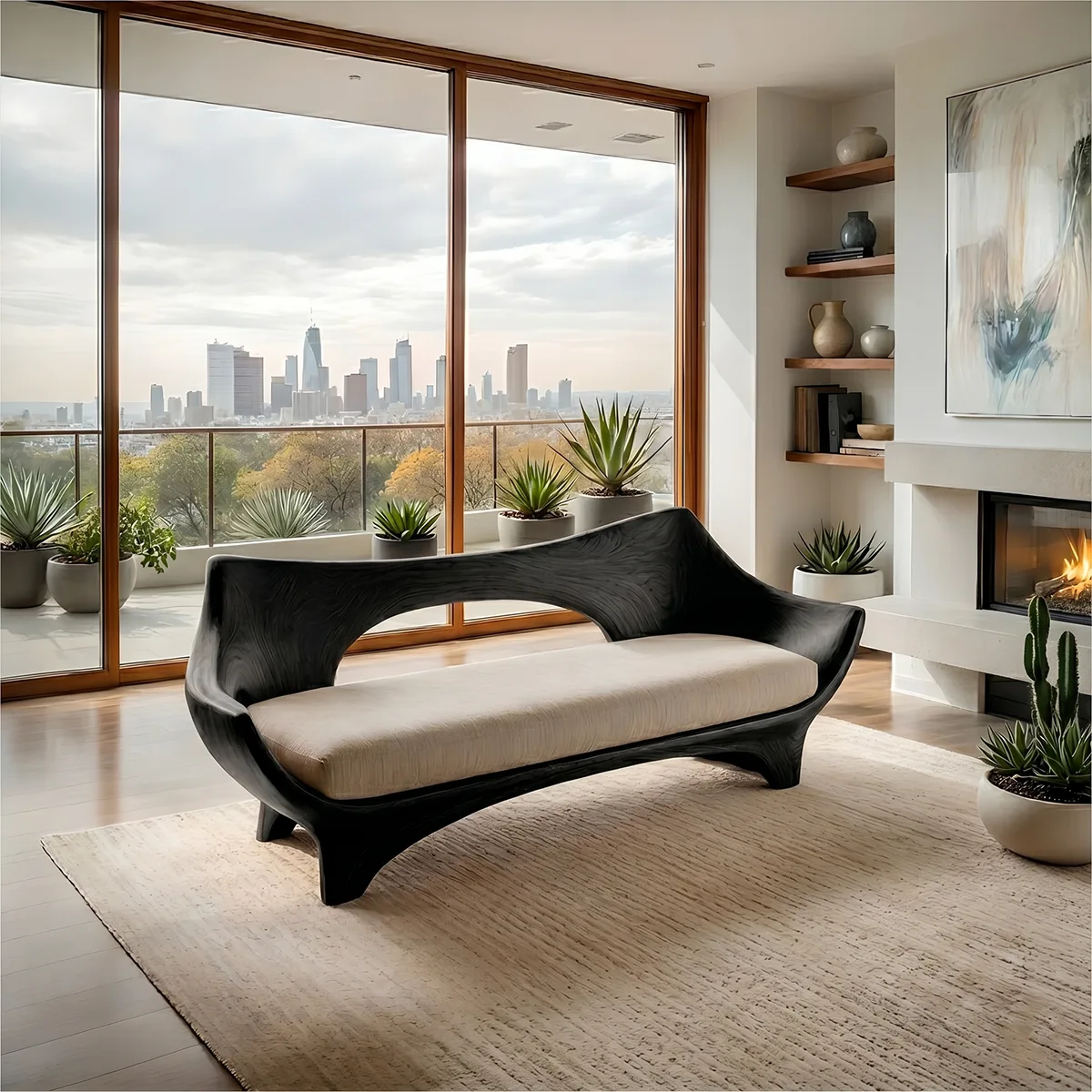 Luxury Organic Modern Wooden Sofa with Sculptural Curved Silhouette