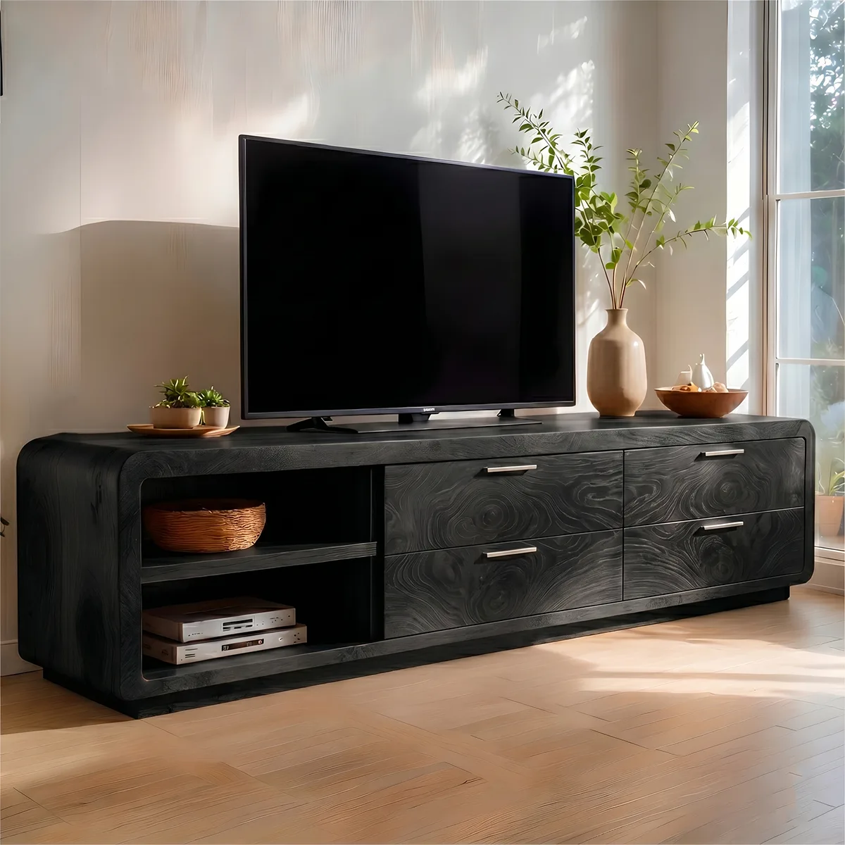 Modern Solid Wood Rounded Asymmetrical TV Stand with Drawers