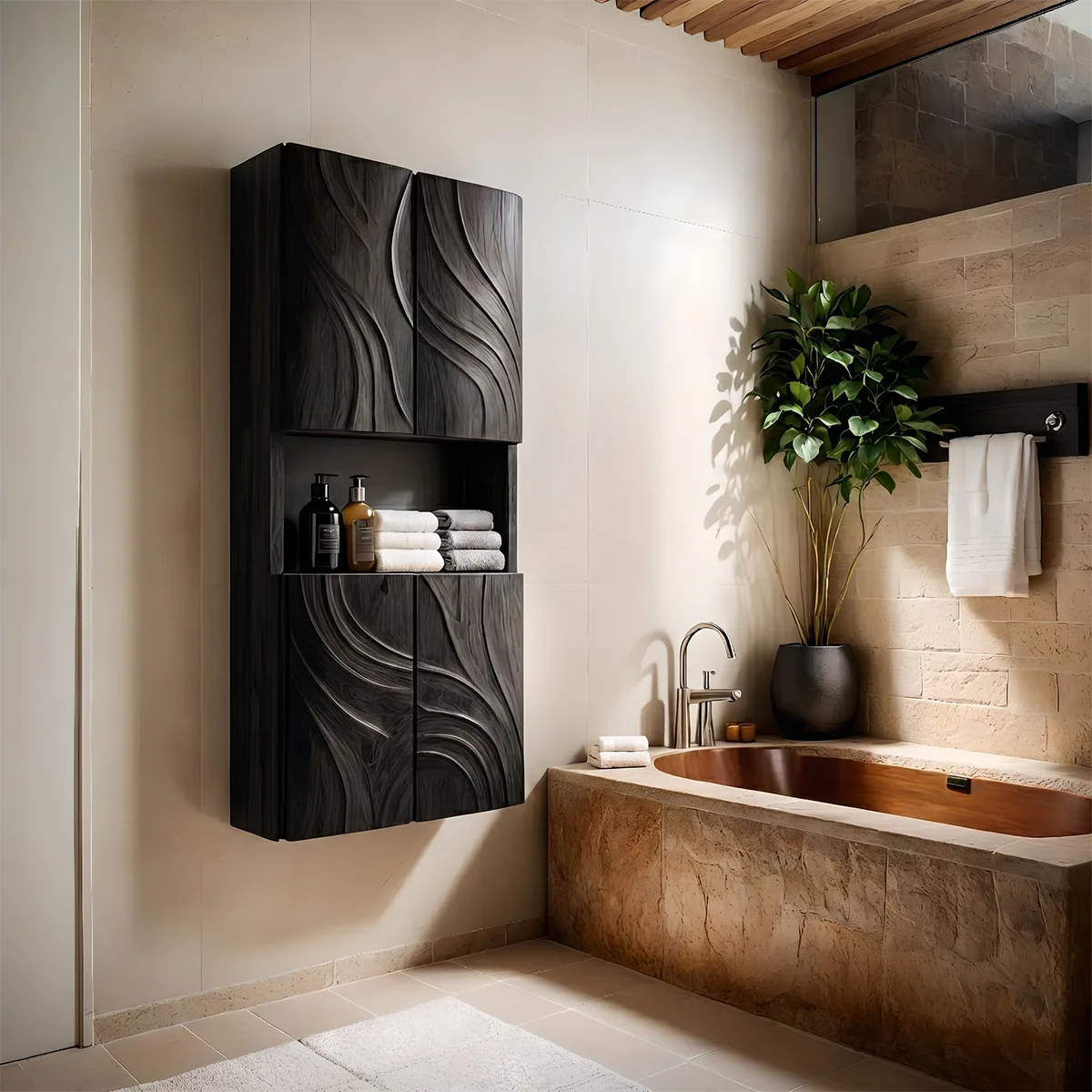 Handcrafted Solid Wood Bathroom Wall Storage Cabinet Sculpted Door Panel